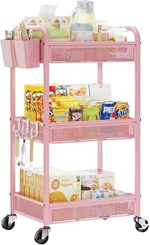YASONIC 3 Tier Rolling Cart Metal Utility Cart Black and Pink