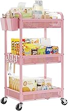 YASONIC 3 Tier Rolling Cart Metal Utility Cart Black and Pink