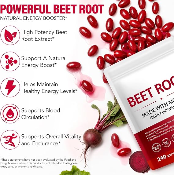 Beetroot Capsules, High Strength Beetroot Supplement 240 Softgels Beet Root Extract Complex with MCT Oil Natural Antioxidants for Healthy Heart & Energy Levels Free of Soy Dairy Gluten and Non-GMO