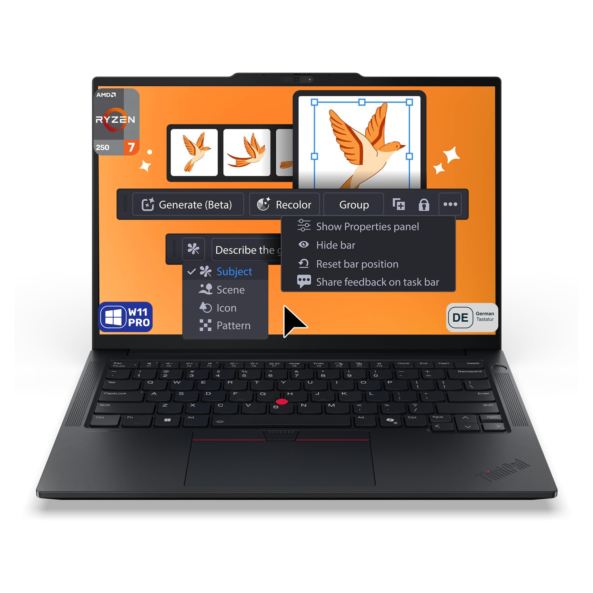 Lenovo ThinkPad E14 Gen 7 Ordinateur portable professionnel AMD Ryzen 7 250, 32 Go de RAM DDR5, SSD PCIe 1 To, écran 14" WUXGA (1920 x 1200), AMD Radeon 780M Graphics, clavier allemand, W11 Pro, noir