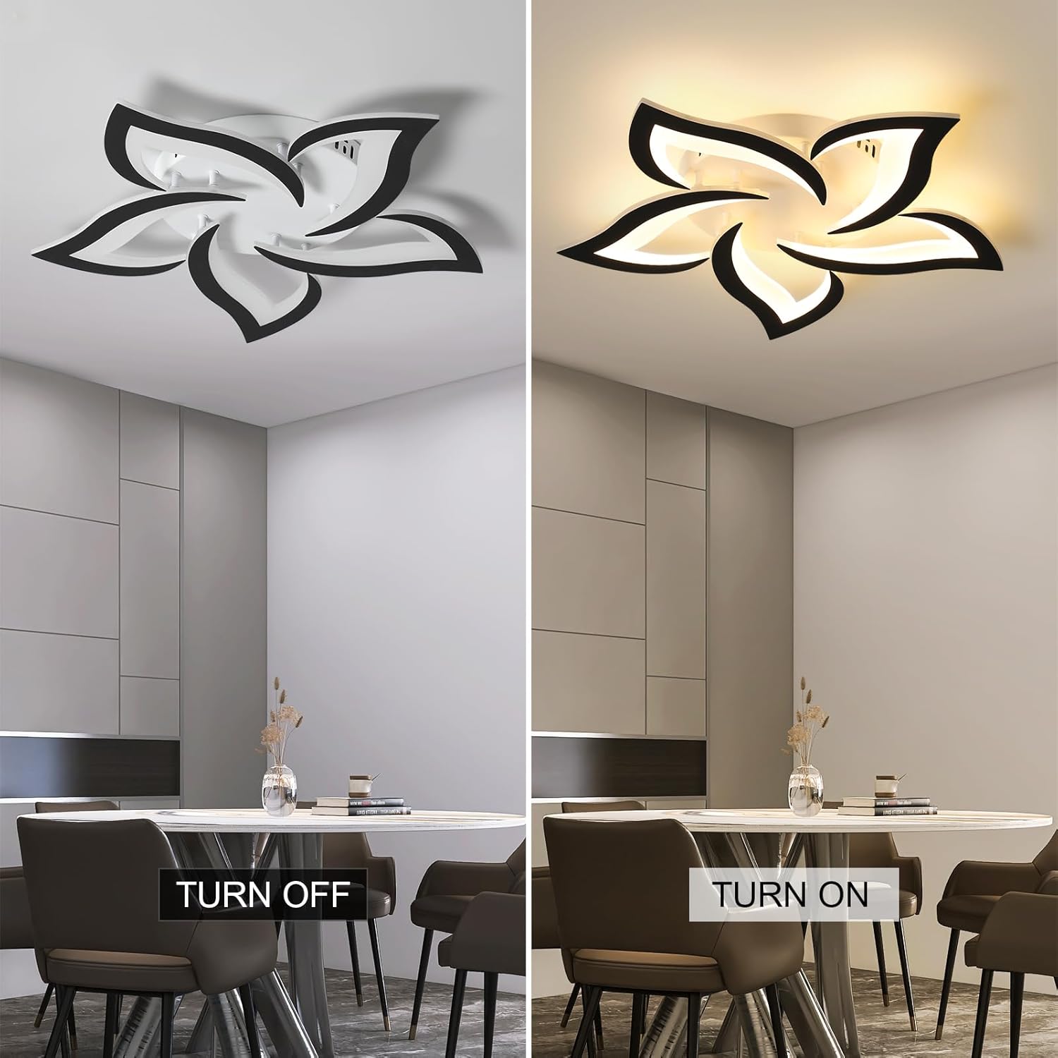 JAYMP 25.6" Flower Shaped Ceiling Light Dimmable Modern Ceiling Lamp Remote Control LED Lighting Fixture for Bedroom Dining Room Kitchen (Black/5 Petals)