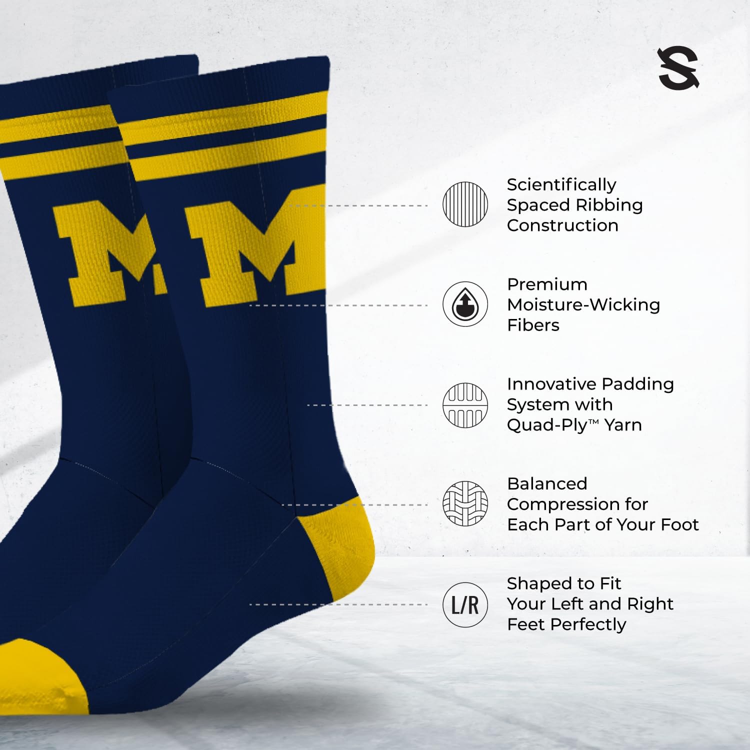 Strideline NCAA Mens 2 Stripe Crew Socks-Michigan-Size M/L (8-12)