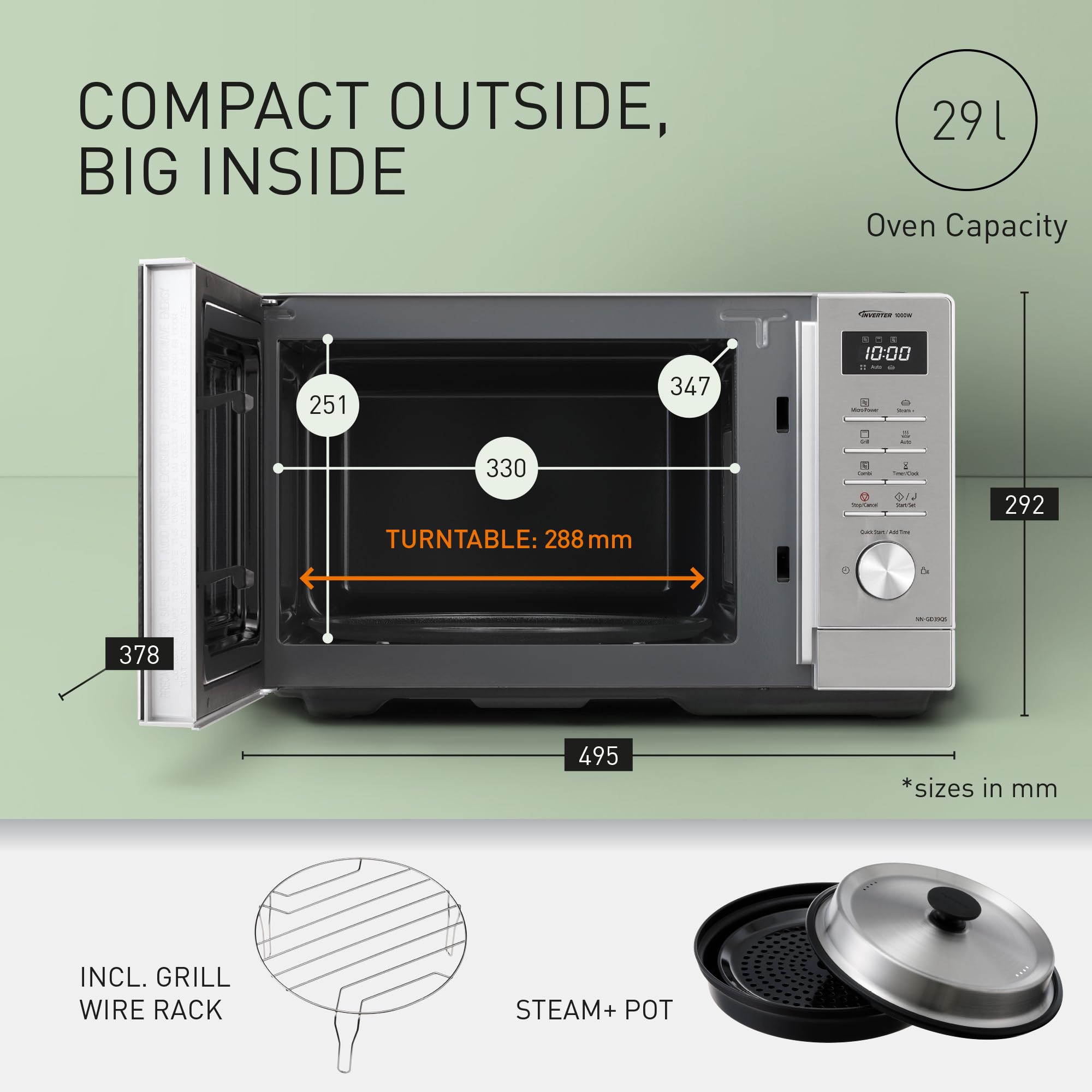 Panasonic NN-GD39QSEPG 29L Four à micro-ondes gril en acier inoxydable avec plat à vapeur, 1000W, Décongélation Automatique, Molette et Accessoires