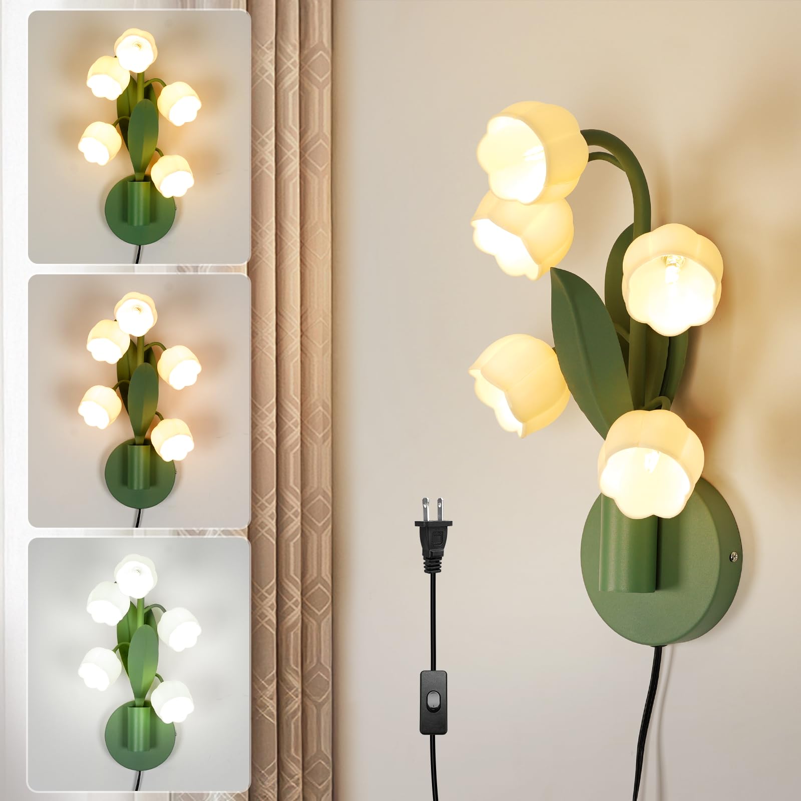 WERFOP Vintage Lily of The Valley Wall Sconce - Plug in WERFOP Vintage Lily of The Valley Wall Sconce - Plug in
