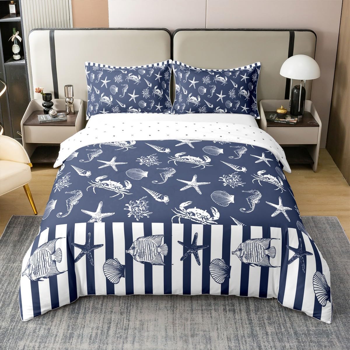 jejeloiu Ocean Theme 100% Cotton Duvet Cover,Marine Life Sealife Bedding Set King Size,Navy Blue White Geometric Stripes Bedroom Home Decor,Summer Hawaiian Beach Pattern All Season（No Comforter