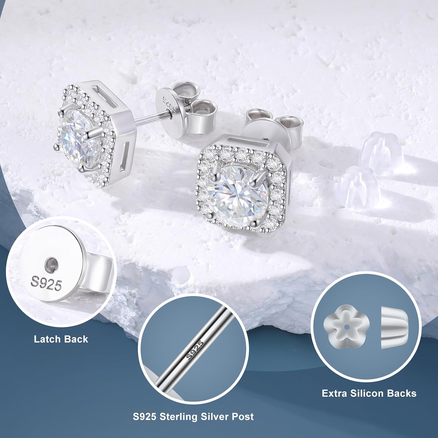 Moissanite Halo Earrings Square 18k Gold Plated 0.56-2.4CT 6-10mm D Color VVS1 Clarity Moissanite Stud Earrings For Women Men Square Stud Earrings 925 Sterling Silver Hypoallergenic Earrings