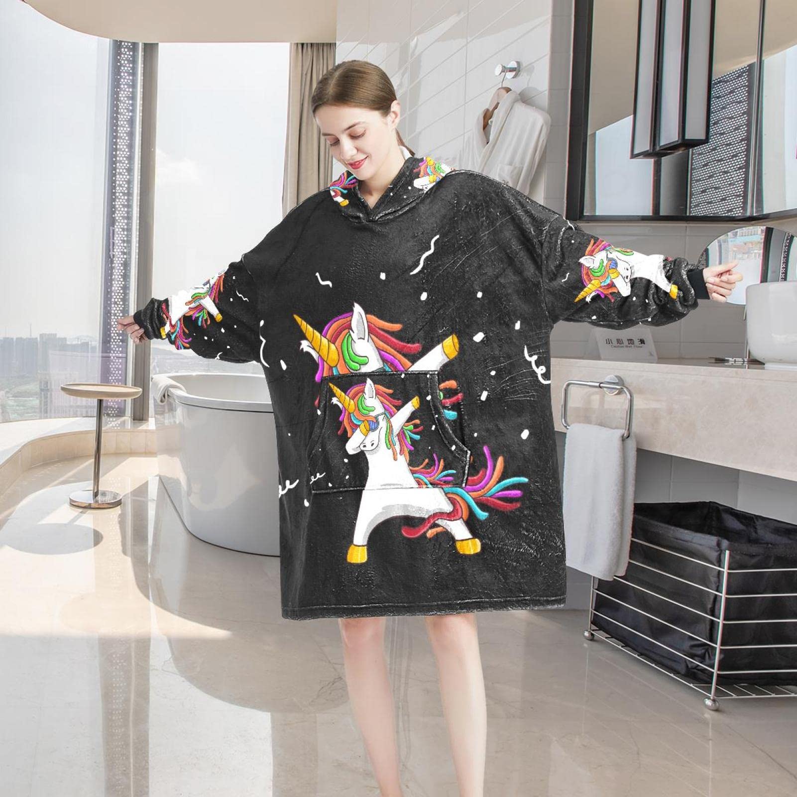 Felpa con cappuccio oversize, coperta in flanella Sherpa con cappuccio e tasca per adulti, uomini e donne, hip hop dab carino unicorno danza