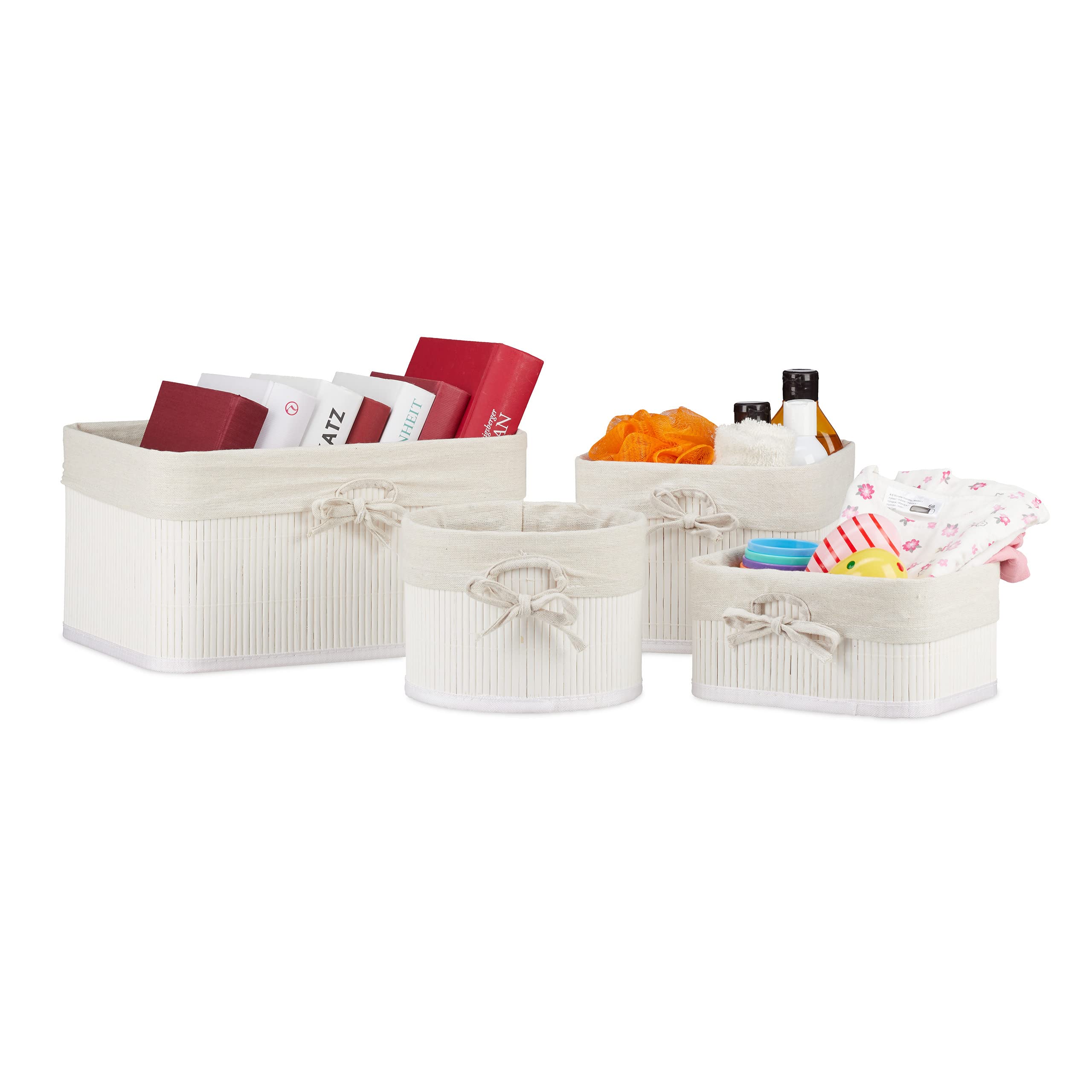Relaxdays Storage Basket 2x Sets of 4, Bamboo, Fabric Lining, Shelf Organiser in Different Shapes and Sizes, White/Creme
