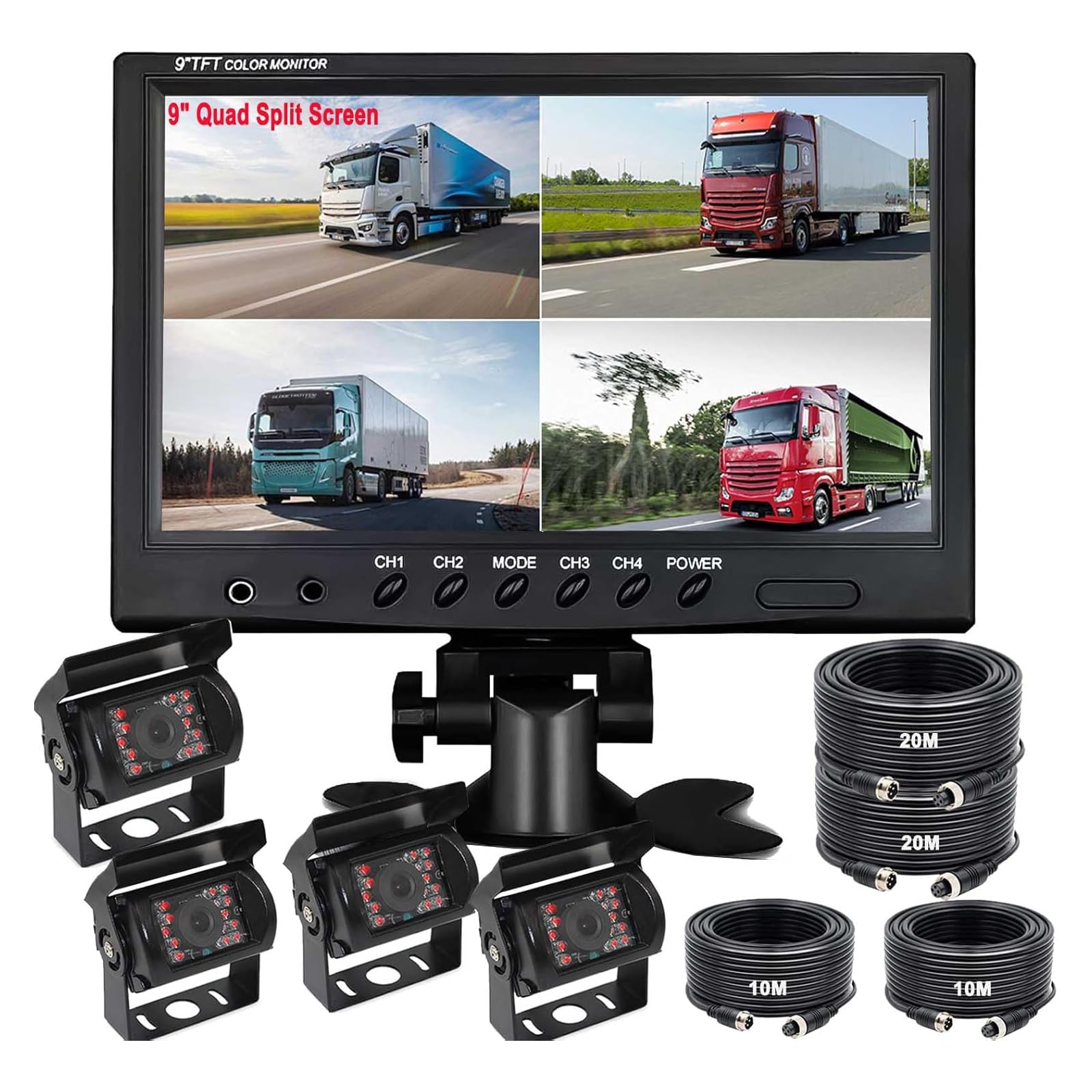 Camion Semirimorchio 9V-36V 9 "4-Split Monitor Schermo Kit telecamera di retromarcia | Telecamera posteriore impermeabile per visione notturna, 18 LED, con monitor a 4 canali, per autobus, roulotte, camper