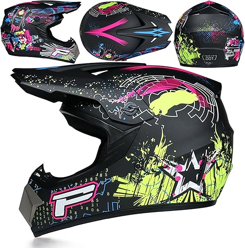 Miniatura 6 de Casco de motocross, para jóvenes y adultos, casco de moto todoterreno BMX de 4 ruedas para niños, certificado DOT, con guantes y máscara de gafas,
