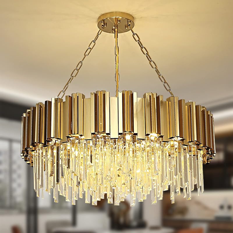 AOOCHOK Modern Kristály Csillár - Arany Kerek Függőlámpa 75cm, 12 E14 Izzós, Szabályozható Fényerő, Nappali, Étkező, Hálószoba