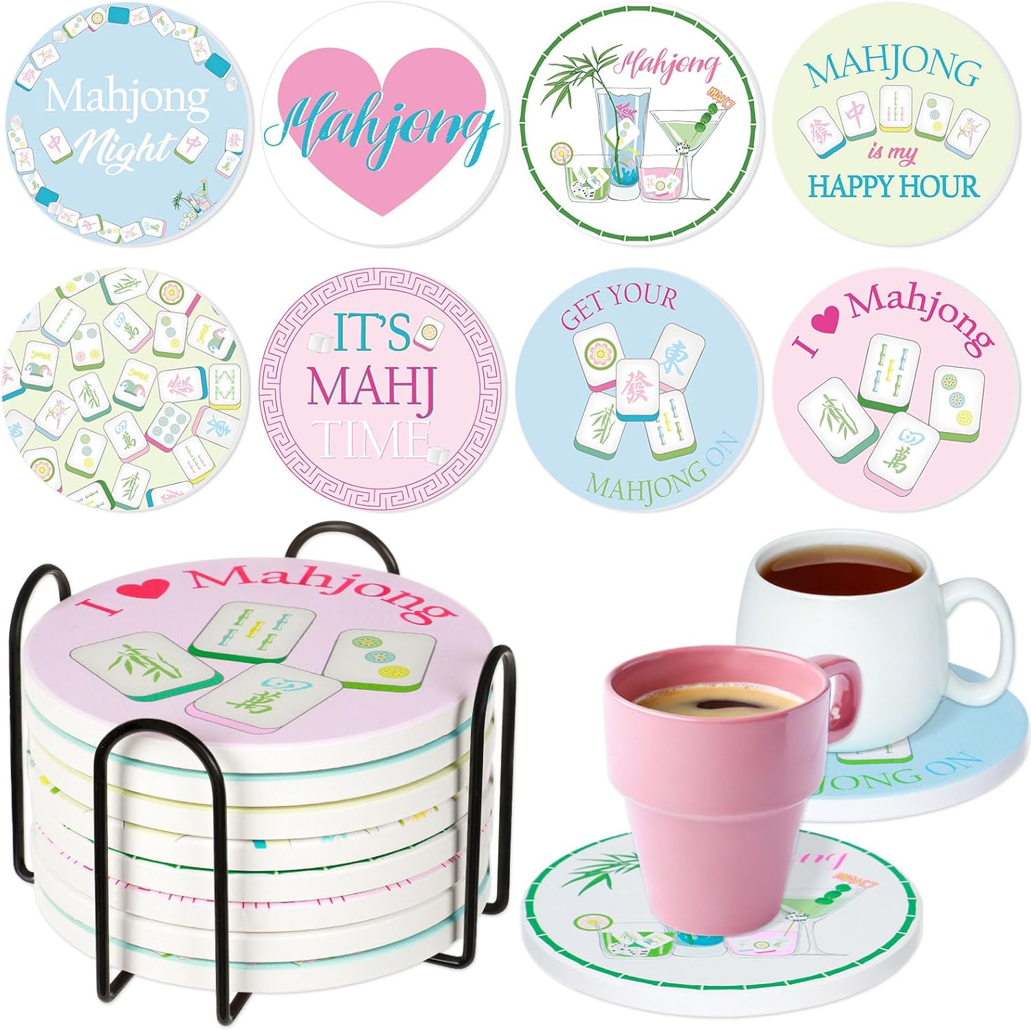 gisgfim 8 Pack Mahjong Coasters with Holder 3.94 x 3.94 Inch Round Ceramic Coasters Funny Women Mah Jong Gifts and Accessories for Cups Drink Table Game Home Party Game Night Supplies Decor