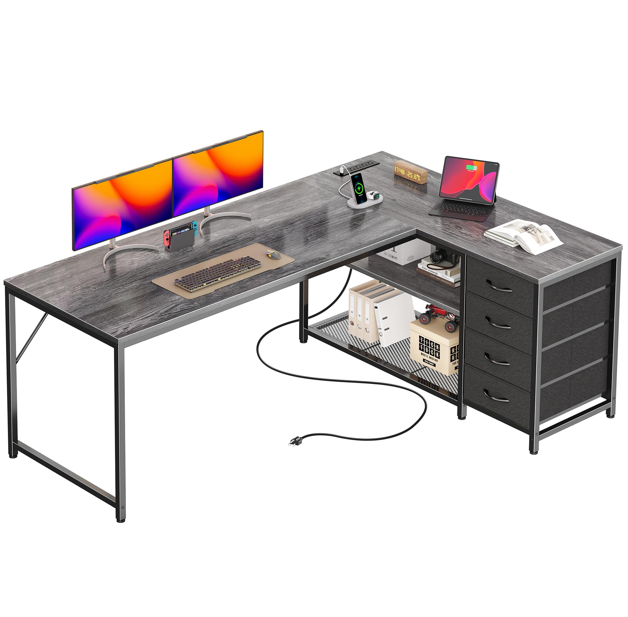 PRAISUN 61" L Shaped Desk with Power Outlets & 4 Drawers | Reversible Computer Desk with 2 Storage Shelves, Large Corner Office Desk for Gaming Writing Work Study, Grey