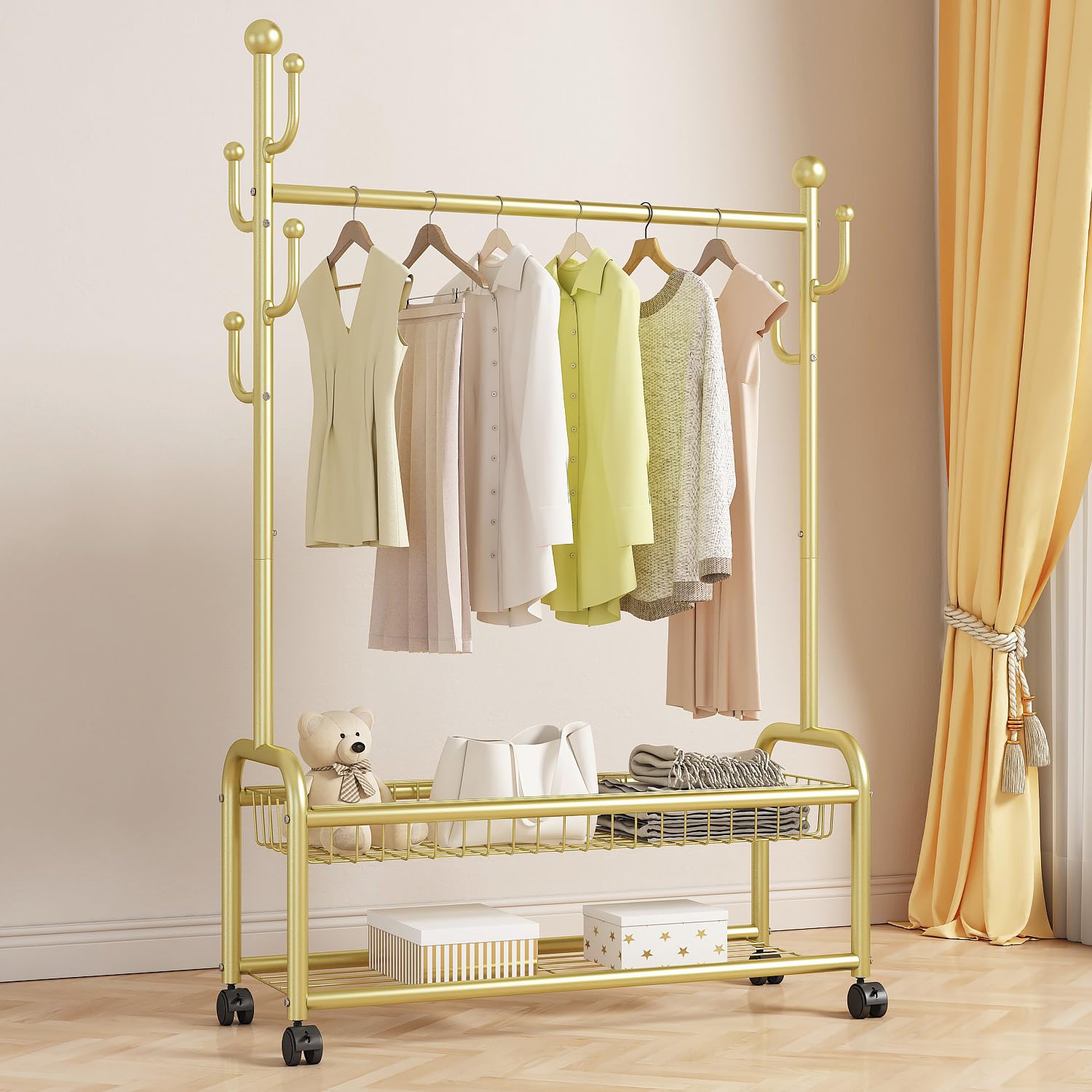 GAMNOF Gold Clothes Rack With Wheels, Clothing Rack for Hanging Clothes, Garment Rack With Storage Shelf, Freestanding Rolling