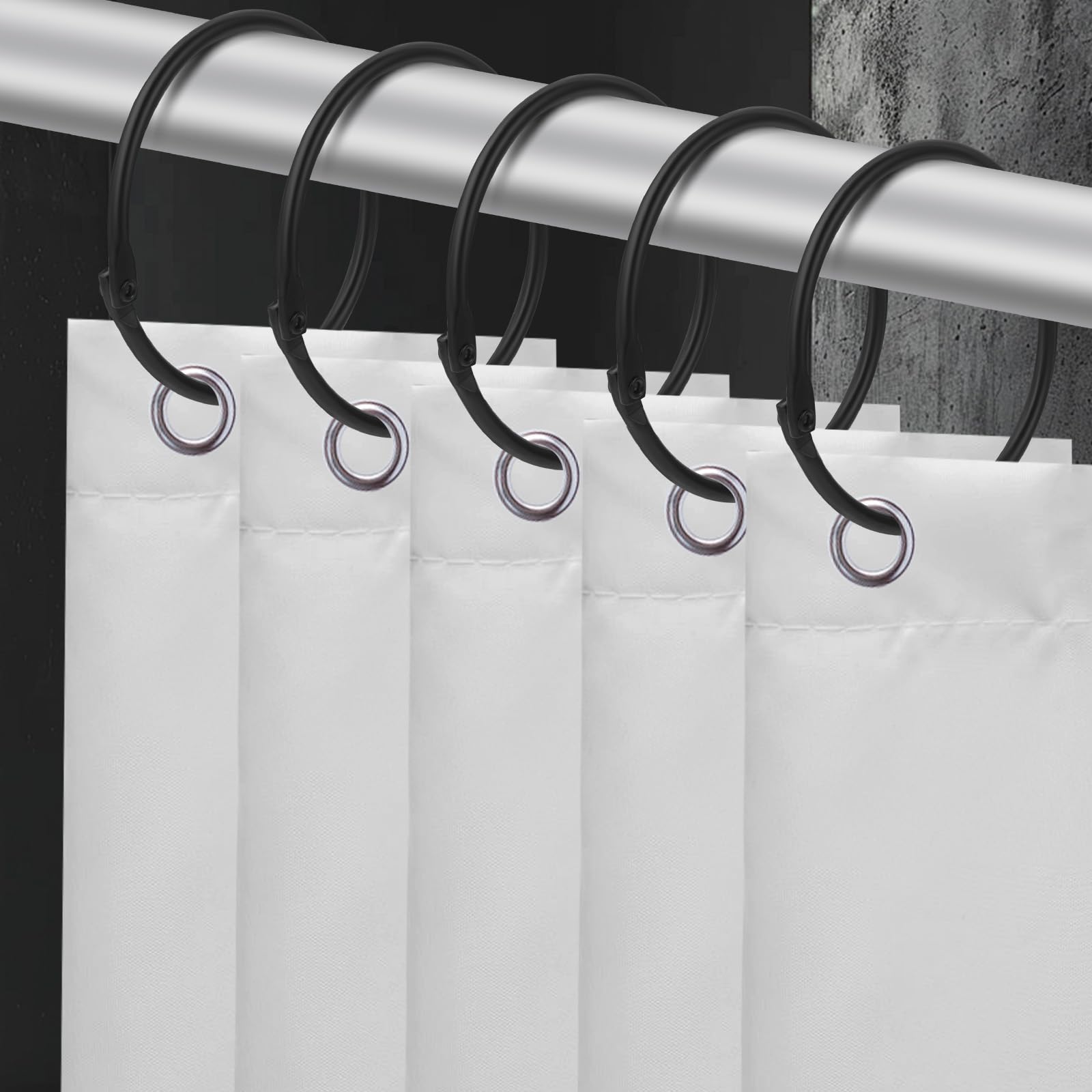Douchegordijnhaken, decoratieve douchegordijnringen, roestbestendige metalen douchehaken voor badkamer, glijdoucheringen voor douchegordijn en voering, set van 12, zwart
