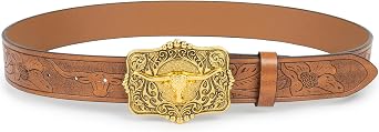 UTOWO Rodeo Western-Longhorn-Bull Cowboy-Belt for Women-Men Bull-Floral-Embossed PU-Leather Cowgirl Waist Belt for Jeans