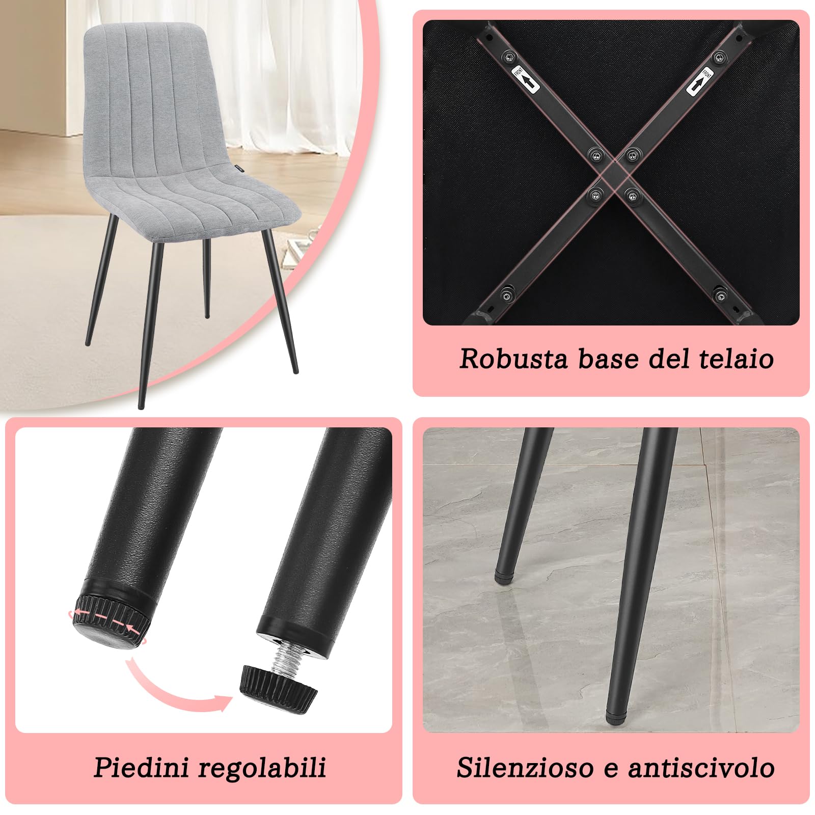 WAFTING Set di 4 Sedie da Pranzo, Sedie a Righe Imbottite con Schienale Alto con Pieds in Metallo, per Sala da Pranzo, Soggiorno, Cucina e Reception, Grigio