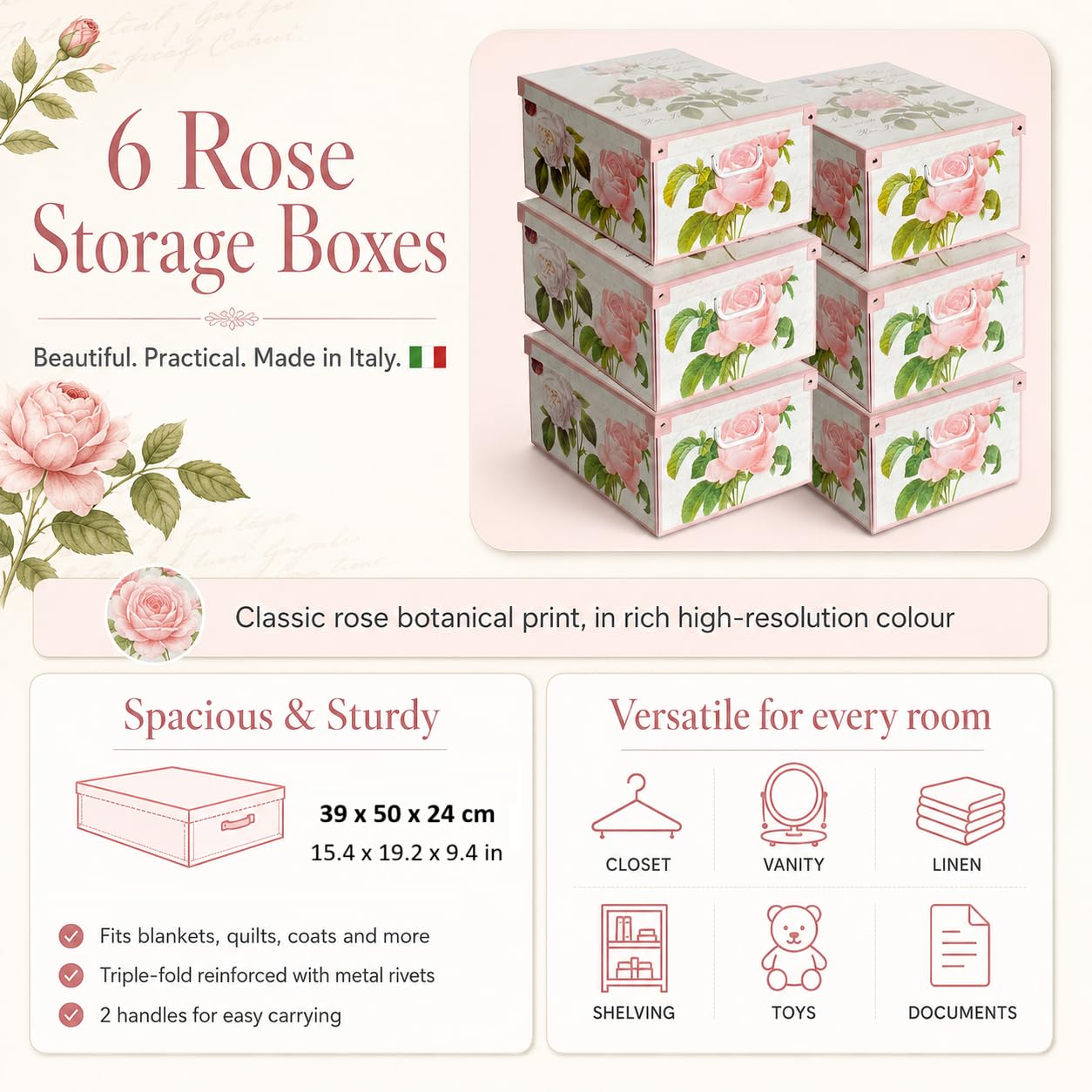 Lavatelli Cajas Almacenaje Cartón y Tapa Rosas 39x50x24cm Set 6 Organizador | Cajas cartón en cartón con tapa y asas, set de 6 cajas de 39x50x24 cm, para ropa, mantas y juguetes. Made in Italy