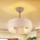 Yaretro Rattan Ceiling Fan Lighting with Remote Control, Boho Caged Ceiling Fan Light Fixture with Reversible Motor Suitable for Restaurant Living Room Bedroom Dining Room Kitchen Island 17.3