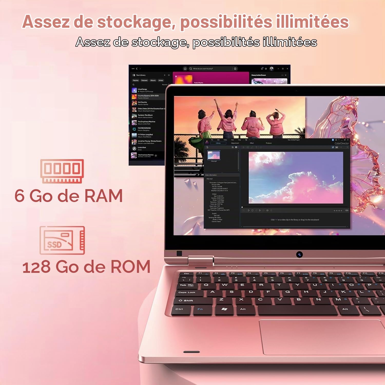 11,6'' Ordinateur Portable Tactile Pliable à 360°, Laptop Celeron N4020, 6Go RAM 128Go SSD, WiFi (2,4G/5G), Bluetooth, 1366 x 768 IPS, Webcam, PC Portable sur Mesure pour Les Professionnels - Rose