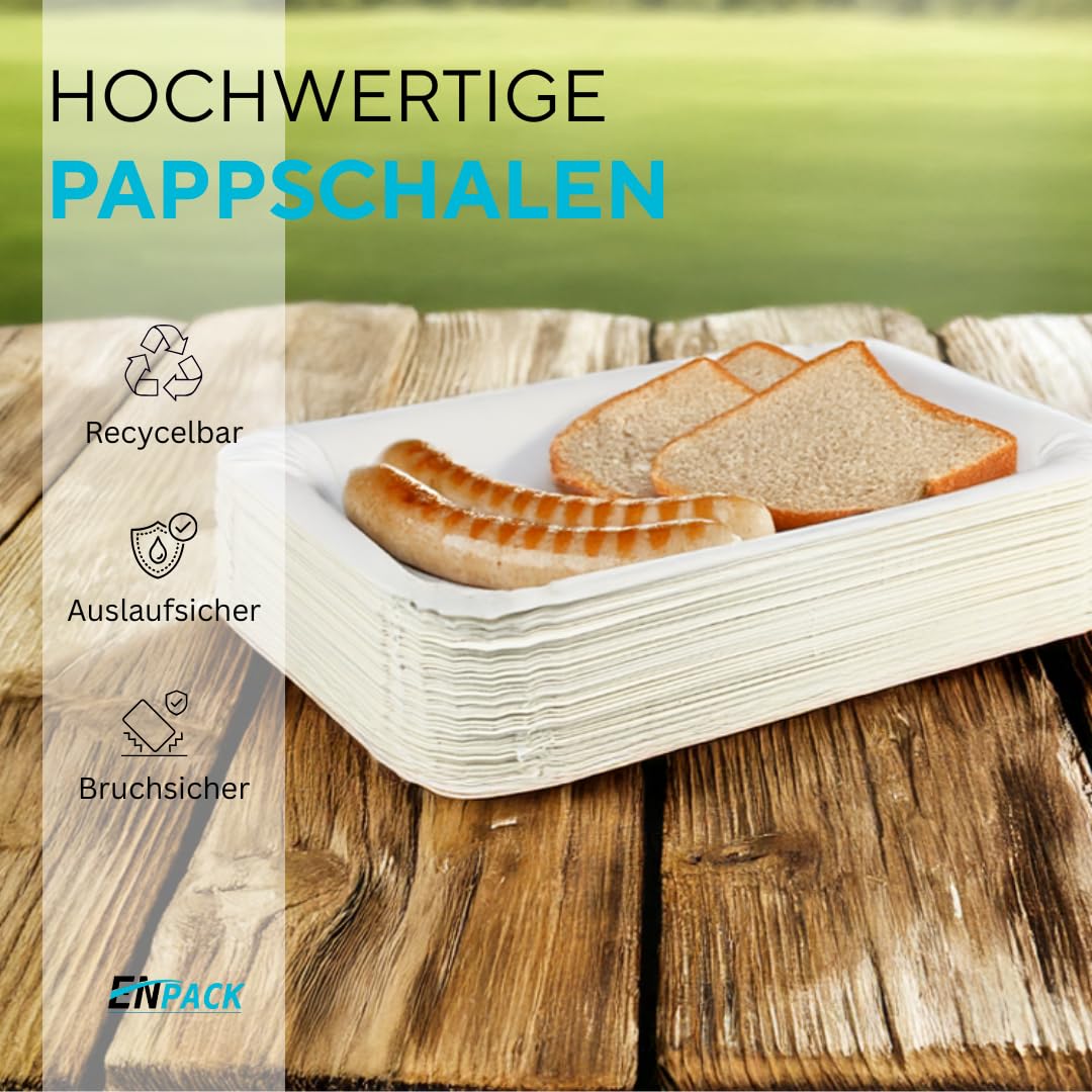 Enpack Einwegteller/Pappteller weiß, eckig 17x24 cm, Kuchenteller aus Frischfaserkarton - geeignet für Geburtstag, Party oder Grillfest, 100% biologisch abbaubar (1000 Stück)