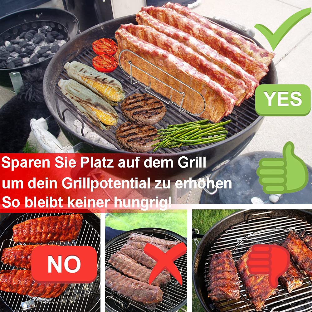 Spareribs Halter Grill – Rippchenhalter aus reinem Edelstahl für 5 Rippchen – Aufsatz zur Zubereitung von Spareribs und Braten auf Gas- und Kohlegrill, Spülmaschinengeeignet – 33 x 29 x 8 cm