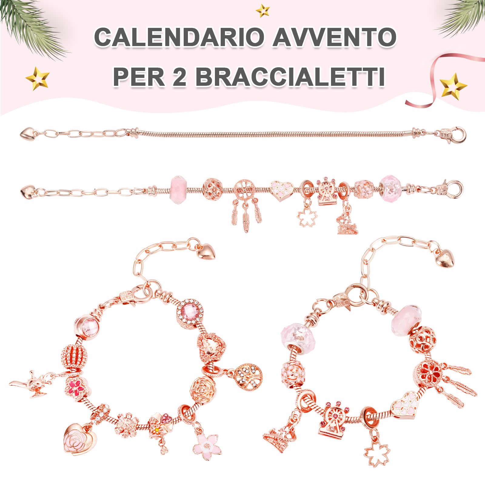 LEMESO Calendario Avvento 2025 Bambina, Calendario Avvento Ragazza Braccialetti Fai da Te, Gioielli per Bambine 6 7 8 9 10 11 12 13 Anni, Regalo Natale (Oro Rosa)