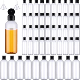 50 Piece 3.4 oz Travel Bottles with Flip Cap Plastic Empty Bottles Refillable Flip Cover Dispensing Squeeze Bottles with 2 Funnels Portable Refillable Containers for Travel Liquid (Clear, Black)