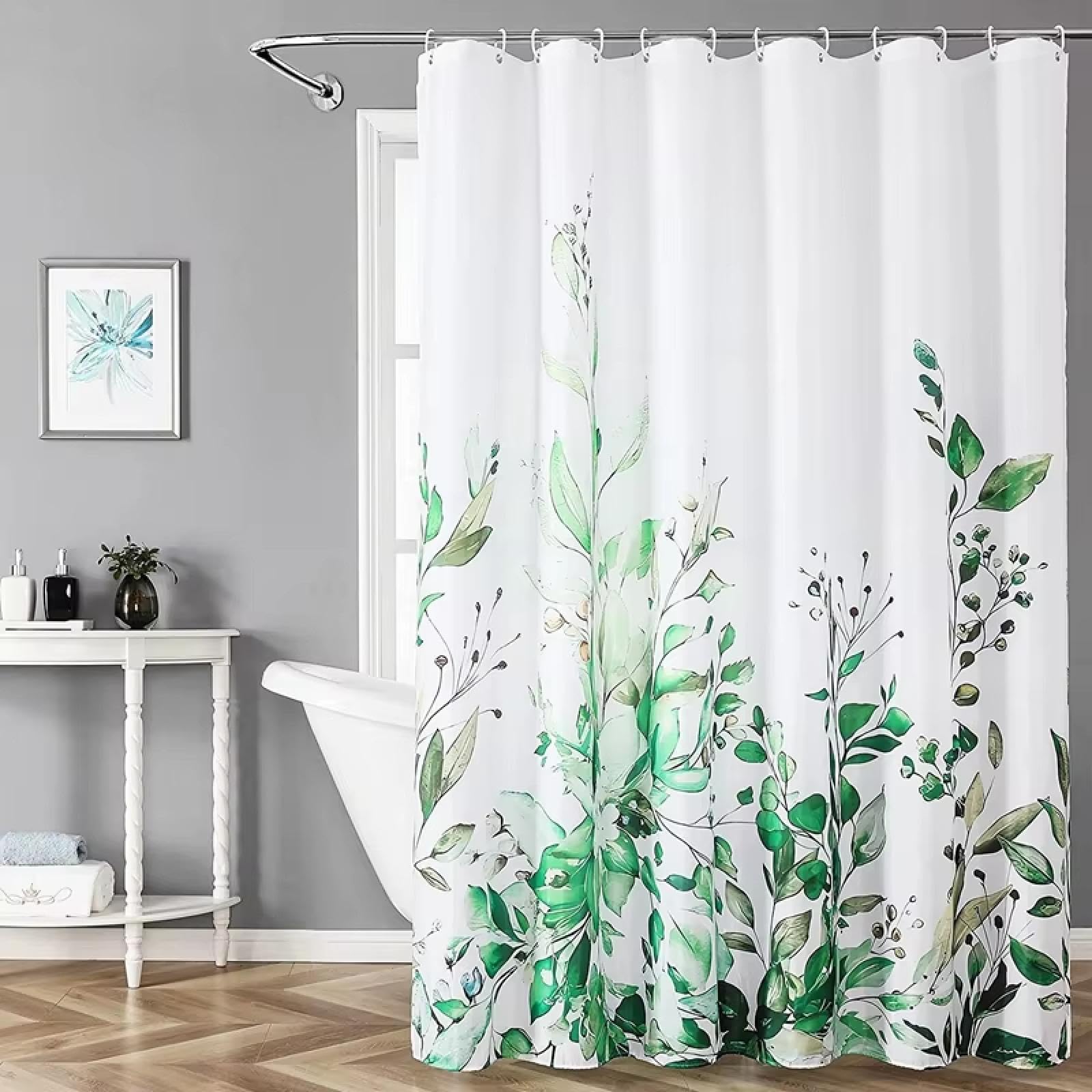 Zasłona prysznicowa z wodoodpornego materiału eukaliptusowego, roślinnego i kwiatowego, z haczykami, 180 x 196 cm (szer. x wys.)