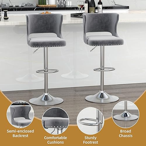 Miniatura 5 de Westice Juego de 2 taburetes de bar, taburetes de bar giratorios de terciopelo ajustables con respaldo hueco, ribete de remache y base cromada
