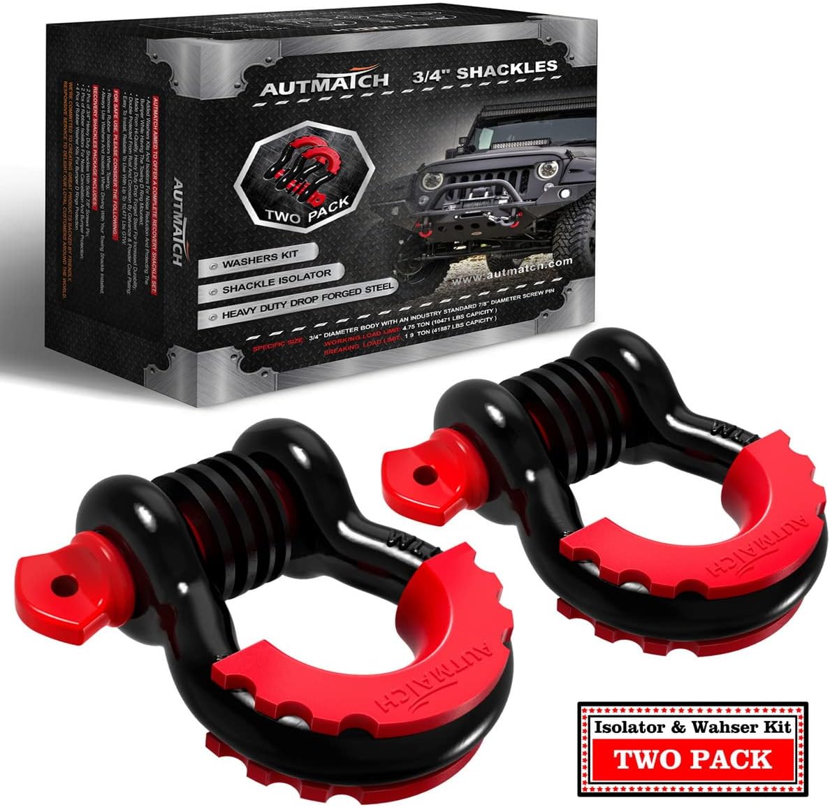 AUTMATCH Shackles 3/4" D Ring Shackle (2 Pack) 41,887Ibs Break Strength with 7/8" Screw Pin and Shackle Isolator & Washers Kit for Tow Strap Winch Off Road Vehicle Recovery Black & Red : Automotive