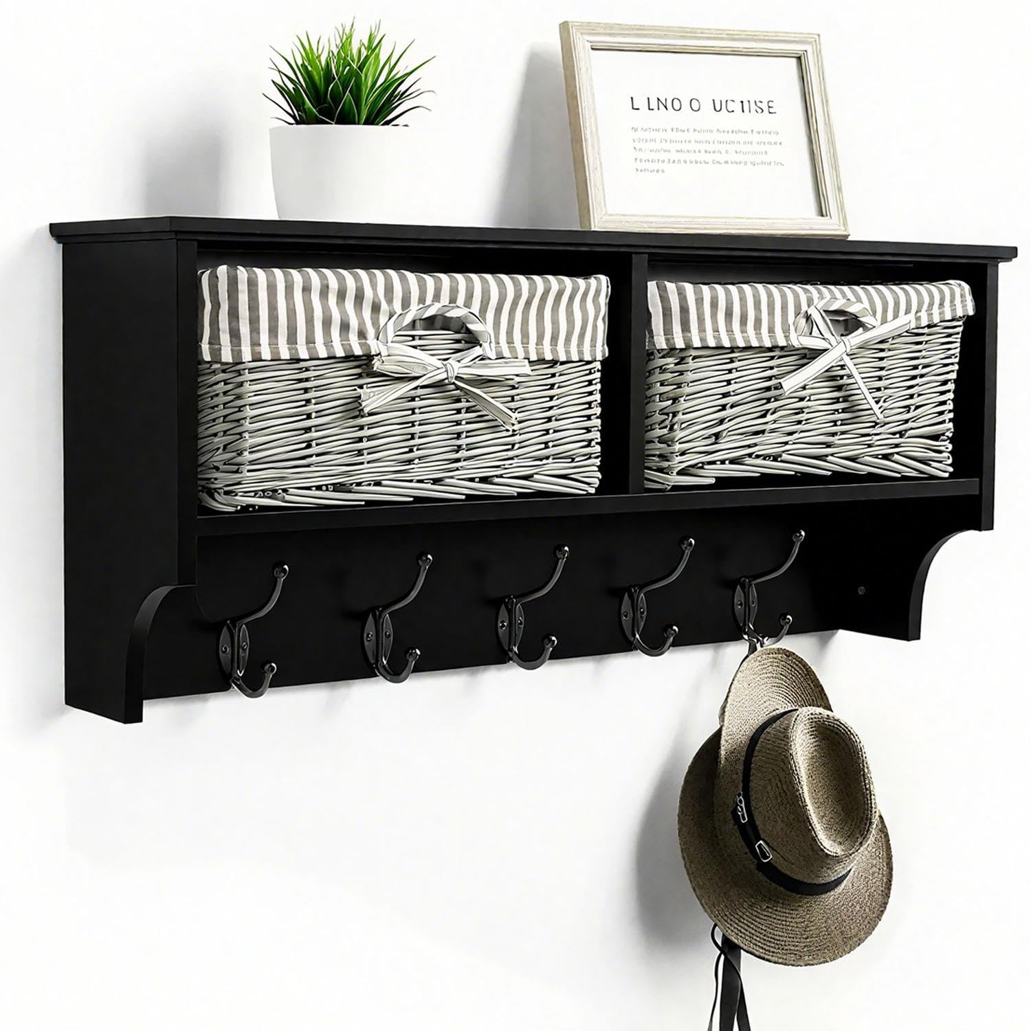 Thrink Wall Mounted Coat Rack – White Wooden Shelf with 2 Grey Wicker Baskets & 5 Strong Double Hooks – Stylish Hallway Storage & Entryway Organiser for Coats, Jackets, Bags, Hats & Scarves (Black)