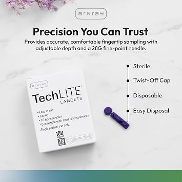 ARKRAY TechLITE 28G Lancets Sterile, Single Use Lancets for Capillary Blood Sampling, Compatible with Most Standard Lancing Device, 100 Count