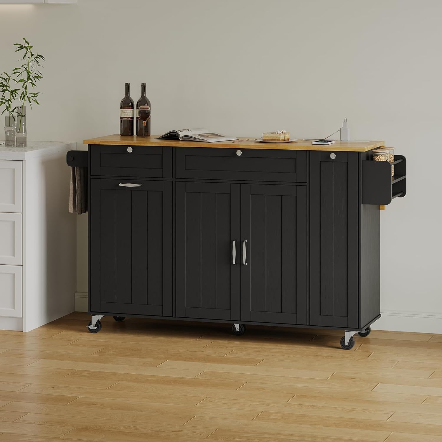 ONBRILL Kitchen Island with Storage, Island Table with Drop Leaf and Power Outlet, Kitchen Island on Wheels with Trash Cabinet, Spice Rack & Towel Rack, Black