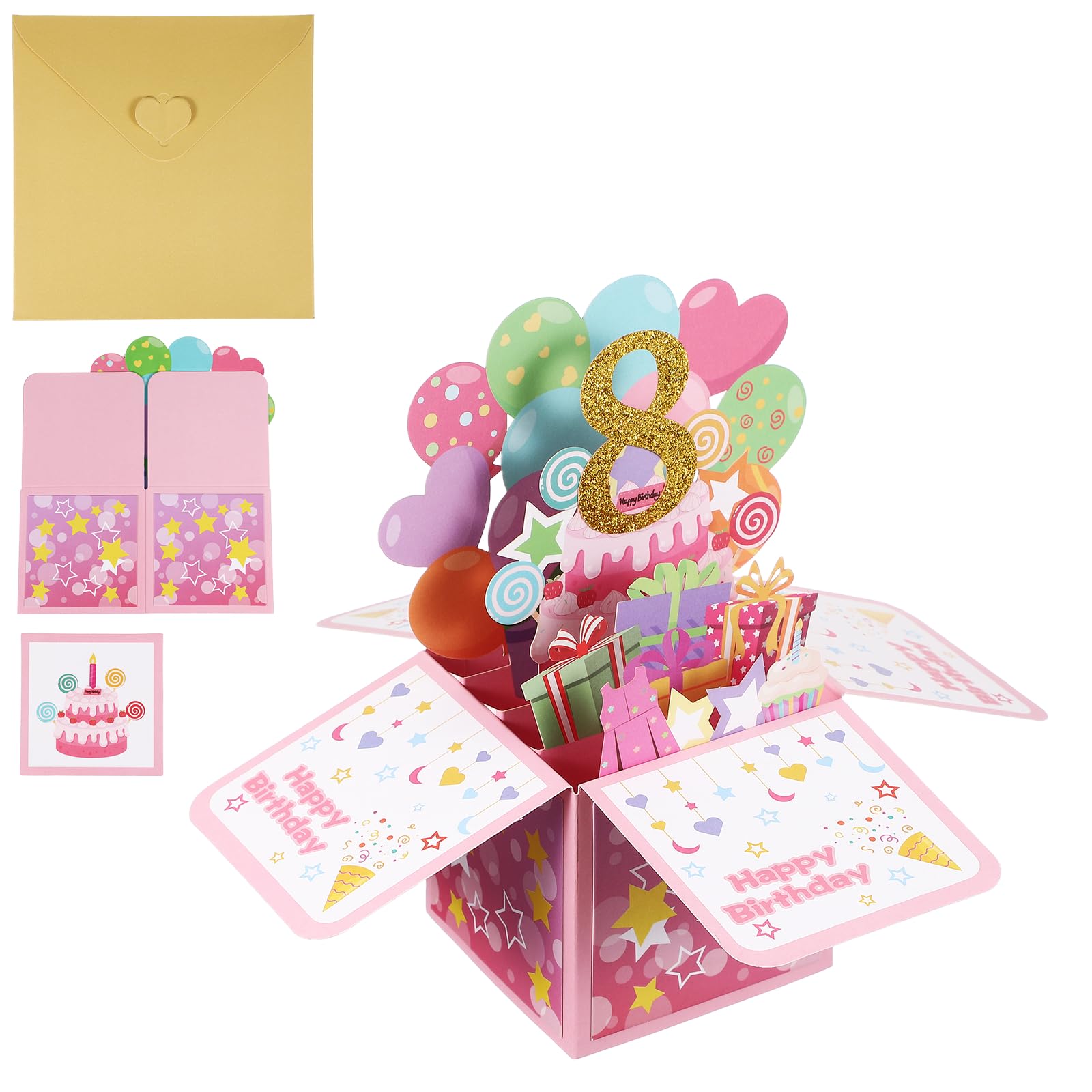 YOKIVE 8th Birthday Card, 8 Years Old Funny Birthday Card Happy Sweet with Greeting Card and Envelope 3D Open for Men Woman Gift Friends Party, Style 1 & Gold Pink
