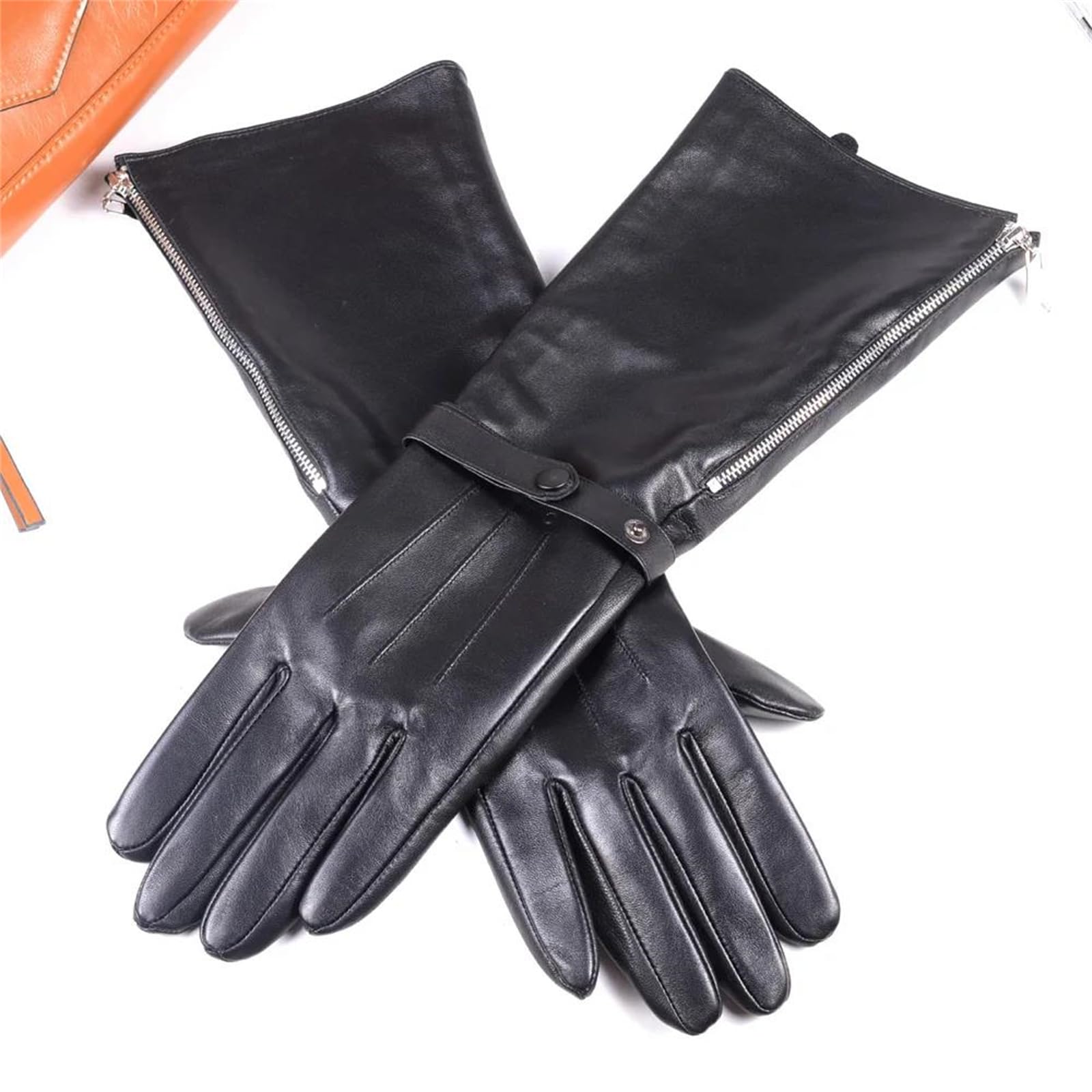 Guantes largos de piel de oveja auténtica negra para hombre, longitud al codo, con cremallera, guantes de caballero medieval para cosplay