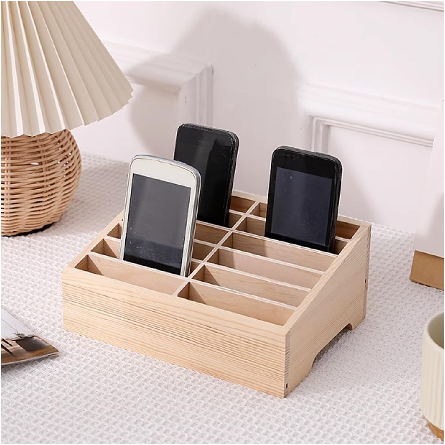 Wooden Mobile Phone Storage Box, Portable Cell Phone Organizer for Office, Gym & Dormitory, Holds 12-60 Phones, Ideal Desk Locker (11.8x10.8x4.5 inch)