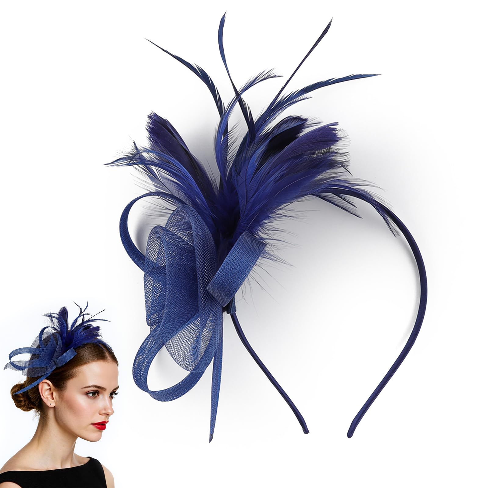 Chersun Women's Blue Navy Fascinators For Elegant Net Navy Fascinator Wedding Hat Clip, Vintage Lace Feather Fascinators For Weddings, Fascinator For Wedding Cocktail Evening Garden Tea Party