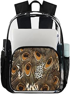 Mochila transparente com estampa de leopardo, mochila transparente impermeável com penas de pavão mochila transparente de PVC com alça de ombro reforçada para escola, trabalho, viagens, Multicor