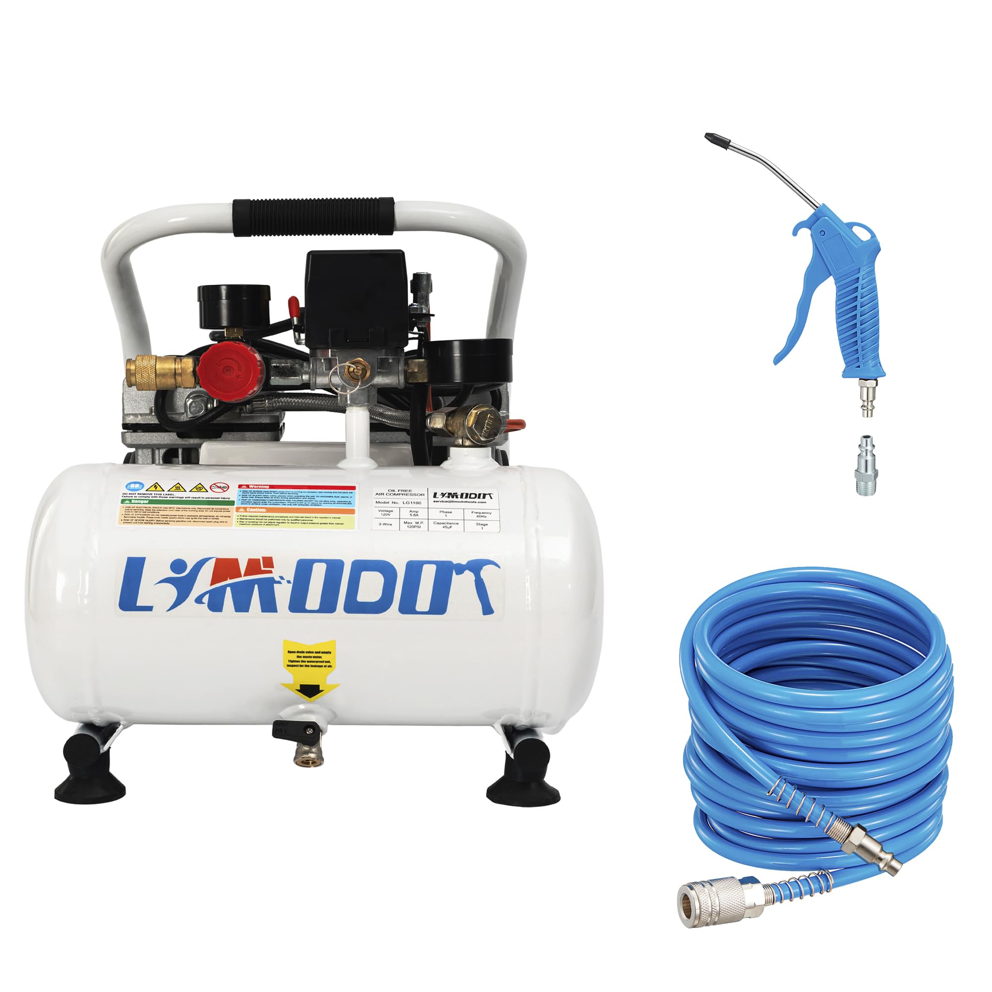 Limodot LG1100 Quiet Air Compressor Bundle with Air Hose 25ft Hose And Blow Gun