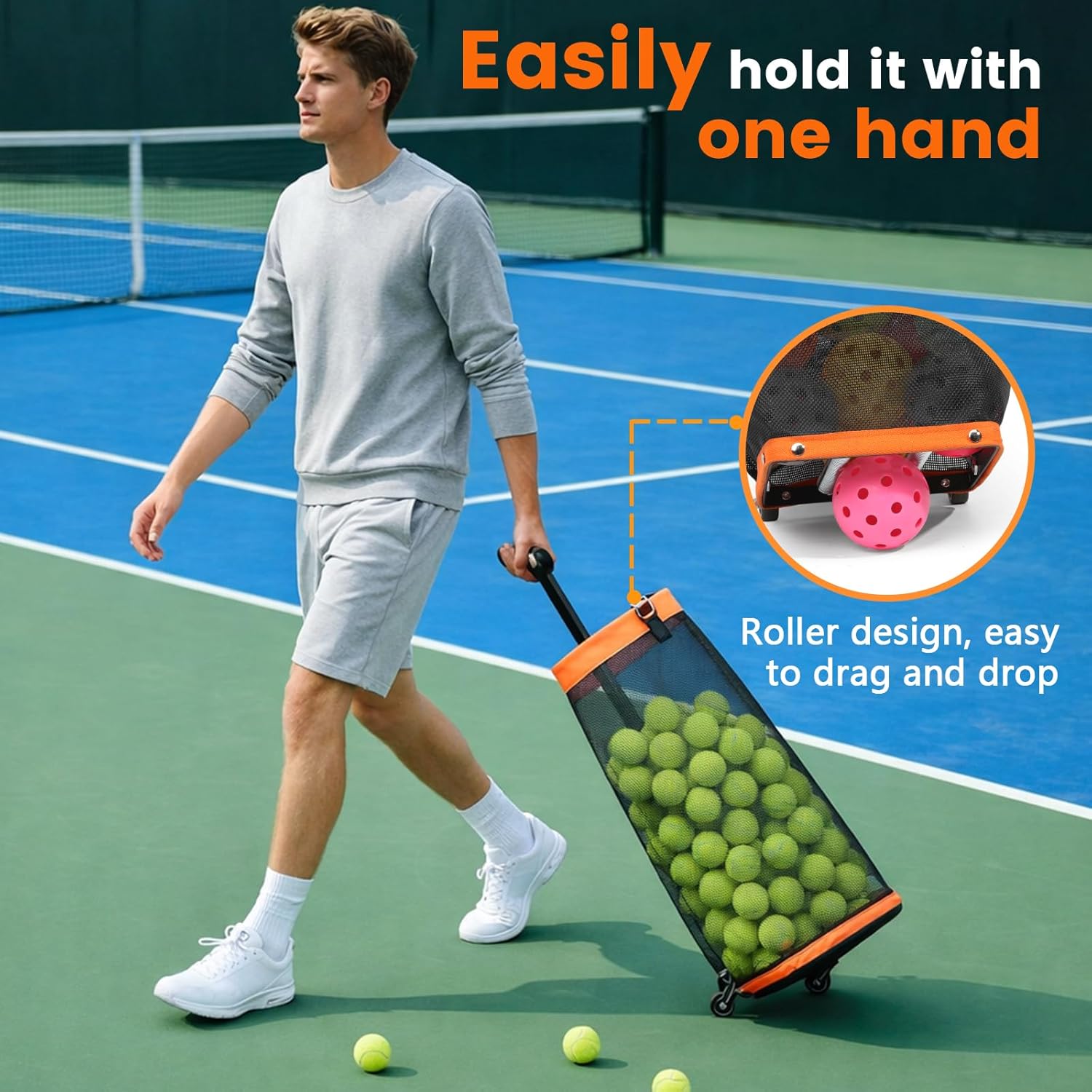Rolling Pickleball Ball Collector with Wheels & Telescopic Handle - Large Capacity Tennis Ball Hopper Basket with Durable Mesh, Portable Ball Retriever for Tennis, Pickleball & Baseball Training