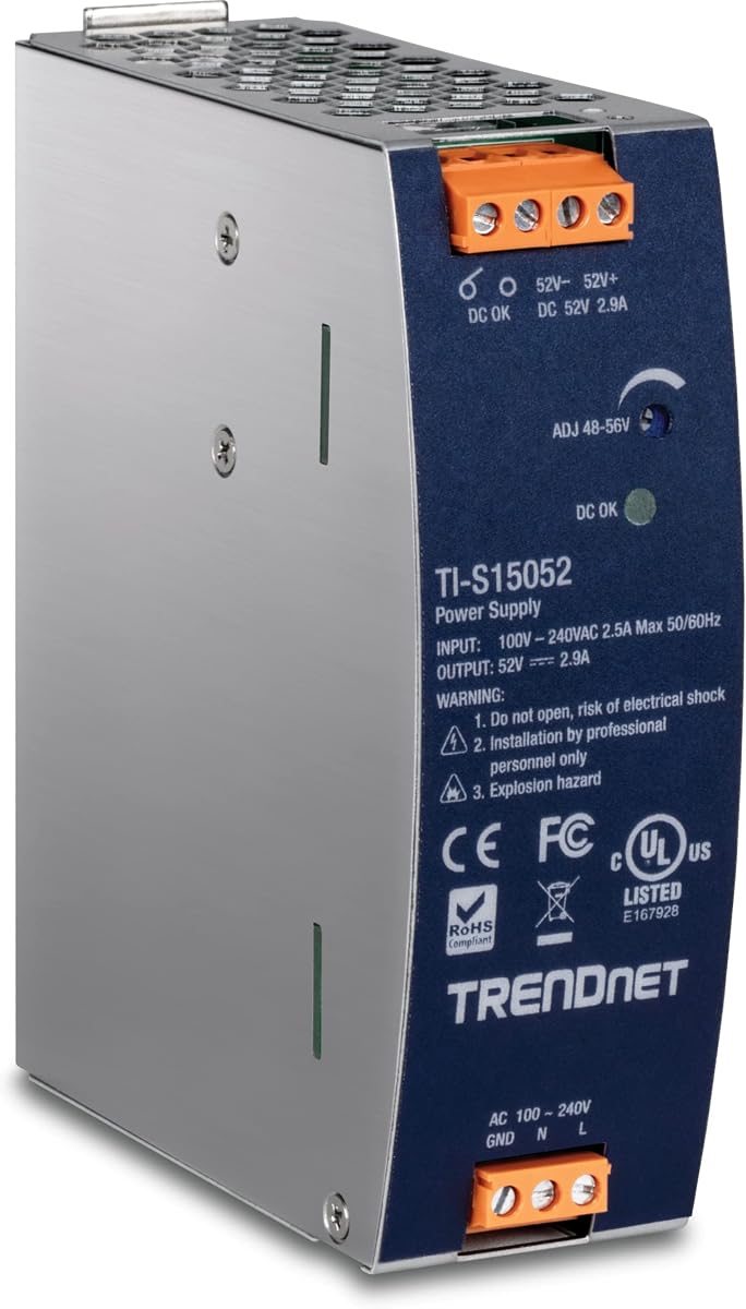 TRENDnet TI-S15052, 150W, 52V DC, 2.89A AC to DC | DIN-Rail Power Supply, Industrial Power Supply with Built-In Power Factor Controller Function