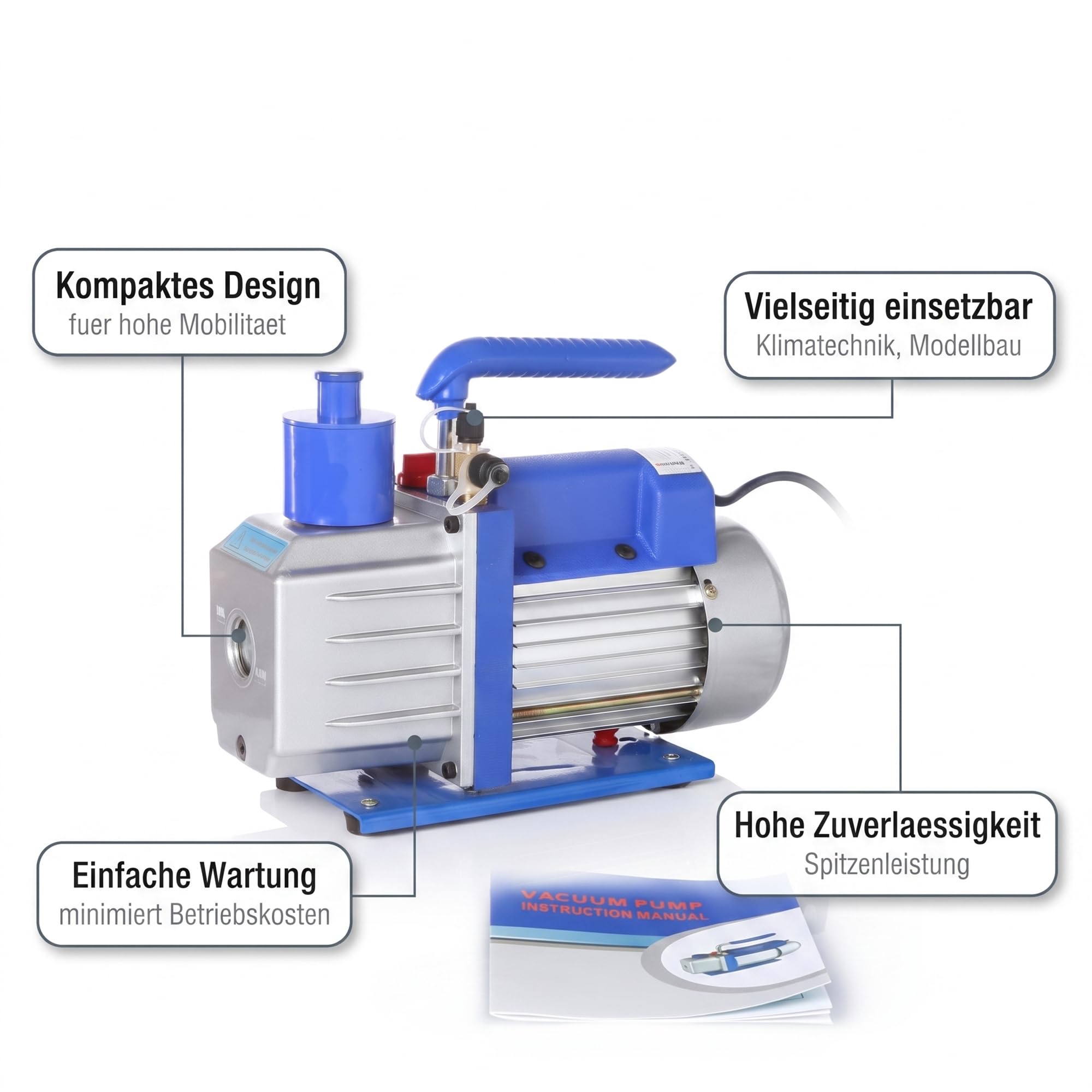 Mucola Vakuumpumpe Unterdruckpumpe für Klimaanlage 127 L/min 5 Pa 230 V | Rückschlagventil gegen Rückströmen, Aluminiumgehäuse leicht, Anschlüsse 1/4 und 3/8 Zoll, Ölbedarf 250 ml, für Kältetechnik