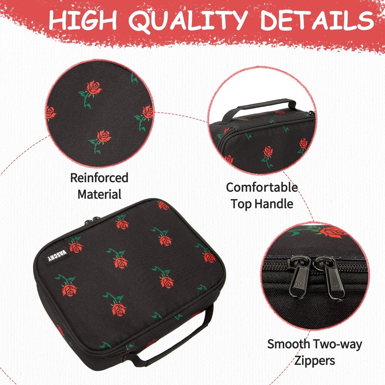 VASCHY Large Pencil Case Bag, Art Supply Marker Organizer Big Pen Pouch with Detachable Layers Slots Multiple Zipper Pockets for Kids Adults School Office Black Rose