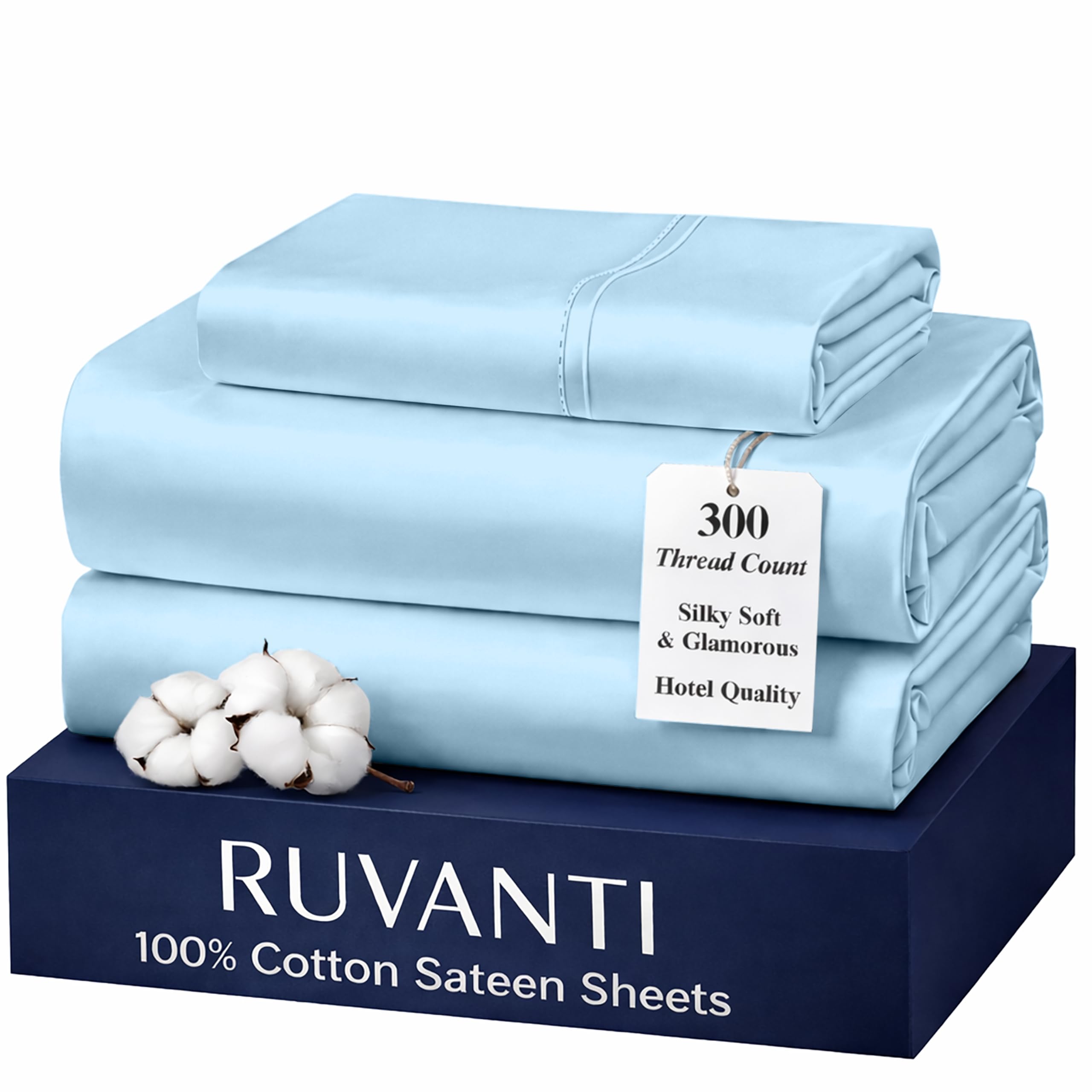 RUVANTI 100% Cotton Sheets Twin XL Size Bed Set - 300 Thread Count Silky Soft Sateen Weave, Cooling, Lightweight & Breathable, 16" Deep Pocket, Durable & Luxury Satin-Like, 3 Piece, Sky Blue โ image 1