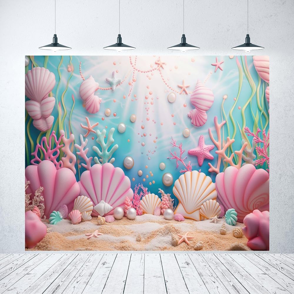 10x8ft Under The Sea Mermaid Backdrop Pink Starfish Shellfish Photography Background Underwater Seaweed Corals Portrait Banner Baby Shower Birthday