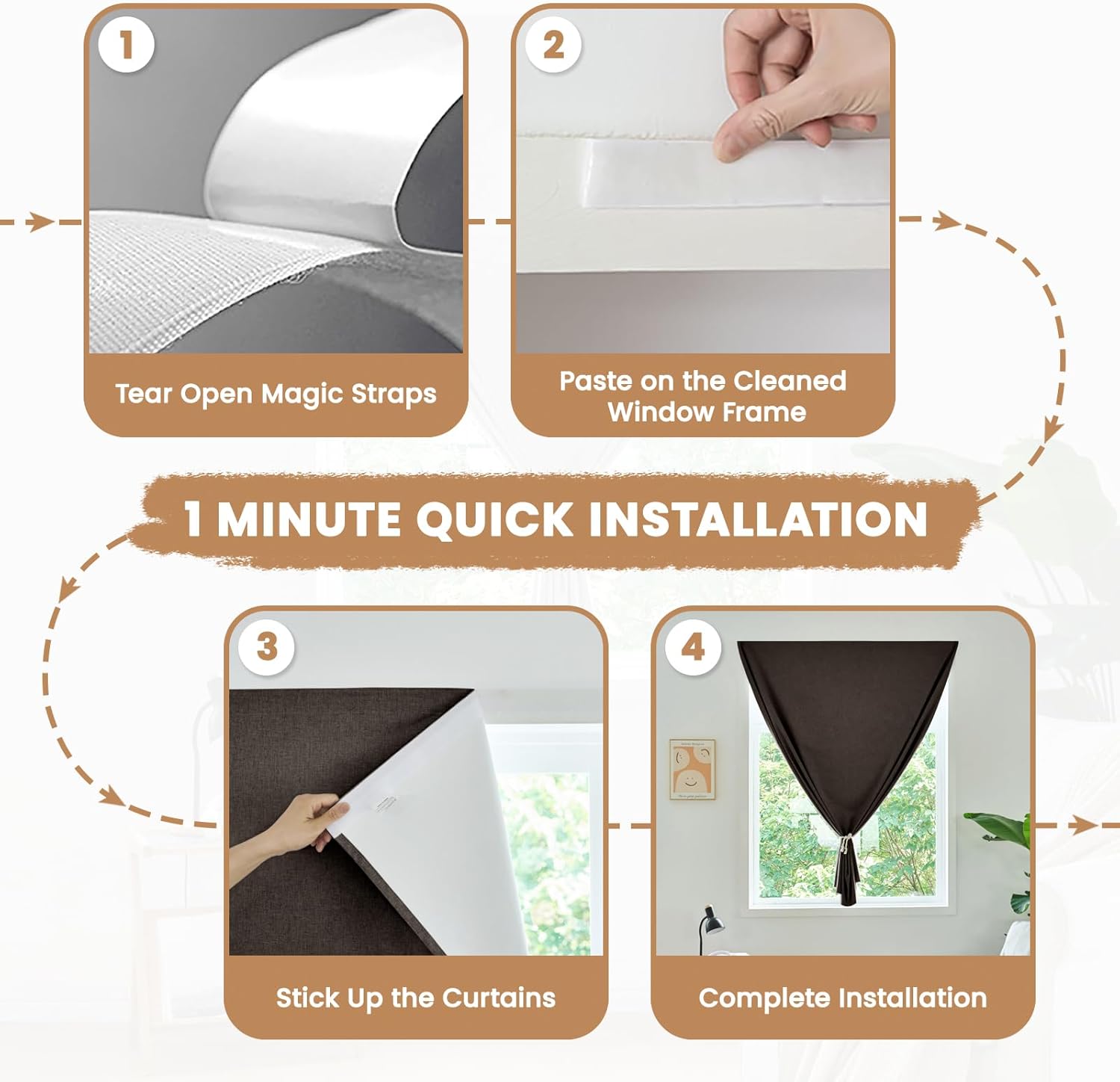 JILROIN Self Adhesive Curtains,100% Blackout Window Cover,No Drilling,Easy to Install,Provides Privacy Protection for Bedrooms (Dark Coffee - W52 × L60 in)