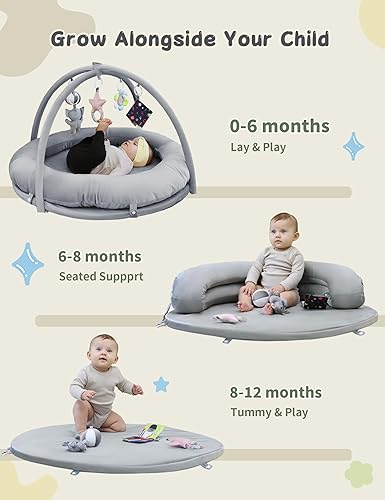 Miniatura 2 de Hiseeme Gimnasio de juegos 5 en 1, tapetes gruesos y de felpa para bebé, tapete para el tiempo boca abajo con 5 juguetes para el desarrollo de