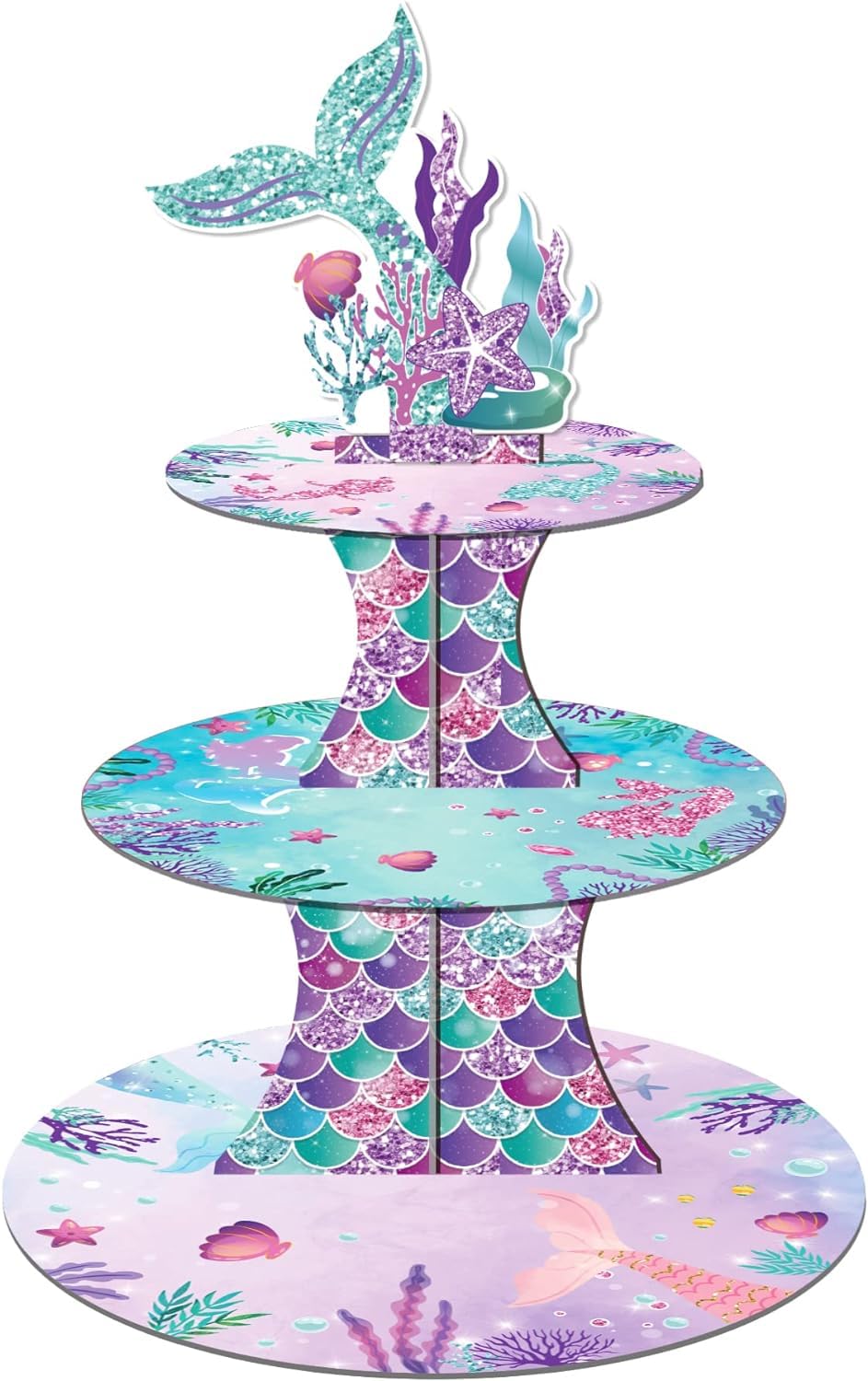 MedMad 3 Tier Floral Tea Cake Stand Vintage Teapot Party Supplies Cupcake Stand Holder for Tea Garden Themed Birthday Party Baby Shower Wedding Party Favors (Mermaid)