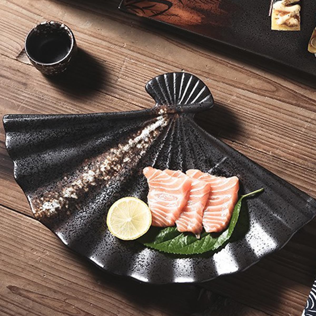 Ipetboom Japanese Style Ceramic Sushi Plate Sector Shaped Black
